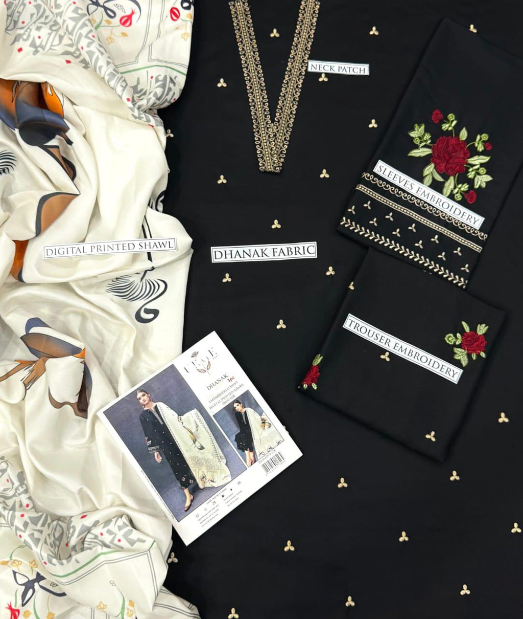 DHANAK 3PC EMBROIDERED SHIRT WITH DIGITAL PRINTED WOOL SHAWL