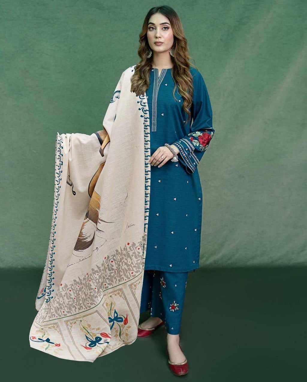 EMBROIDERED SHIRT WITH PRINTED SHAWL