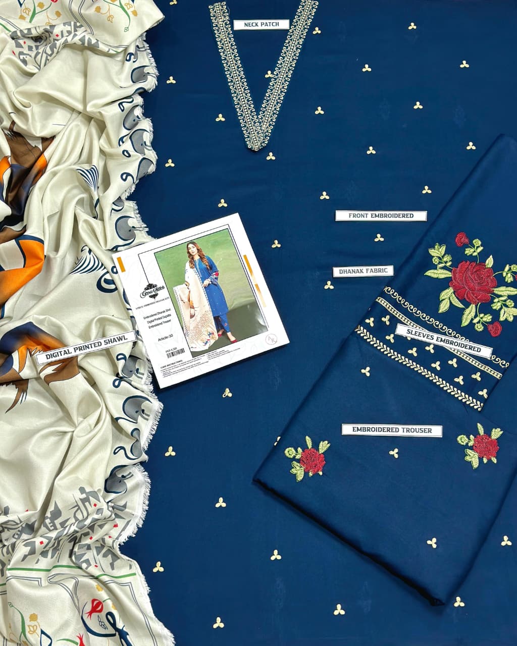 EMBROIDERED SHIRT WITH PRINTED SHAWL