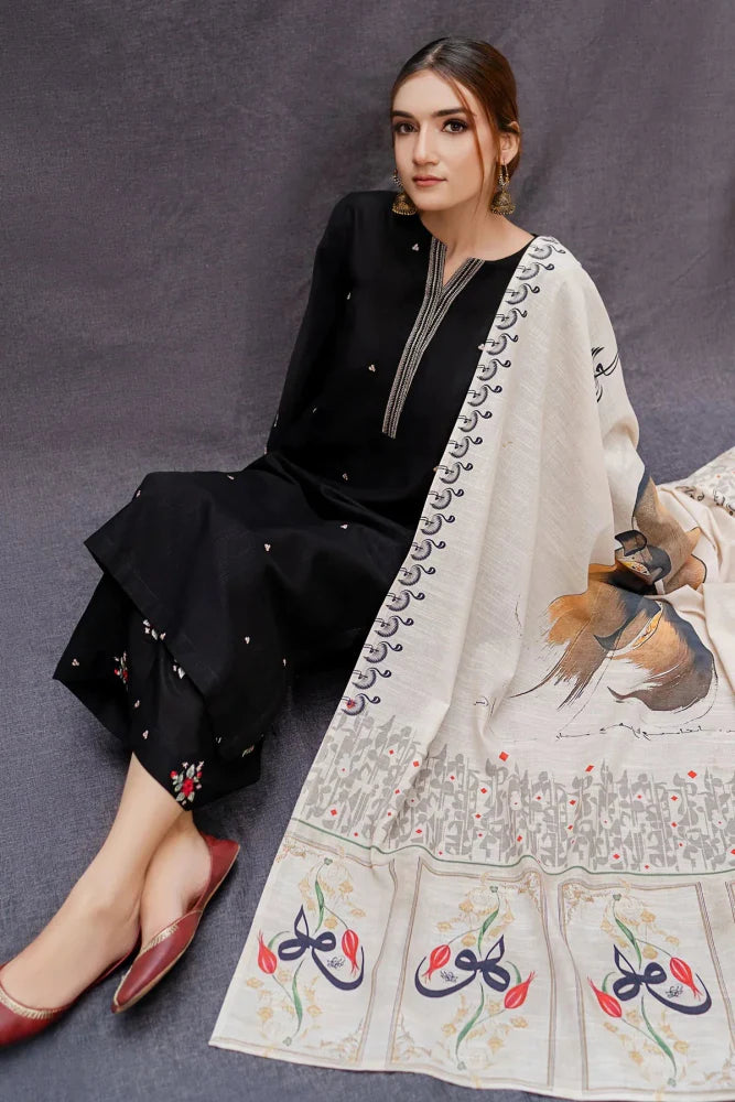 DHANAK 3PC EMBROIDERED SHIRT WITH DIGITAL PRINTED WOOL SHAWL