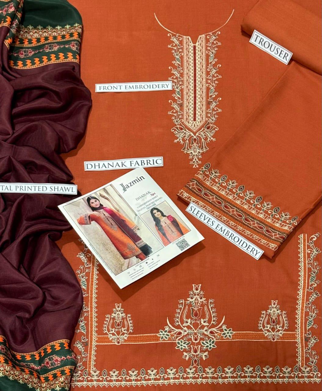 DHANAK 3PC EMBROIDERED SHIRT WITH DIGITAL PRINTED WOOL SHAWL