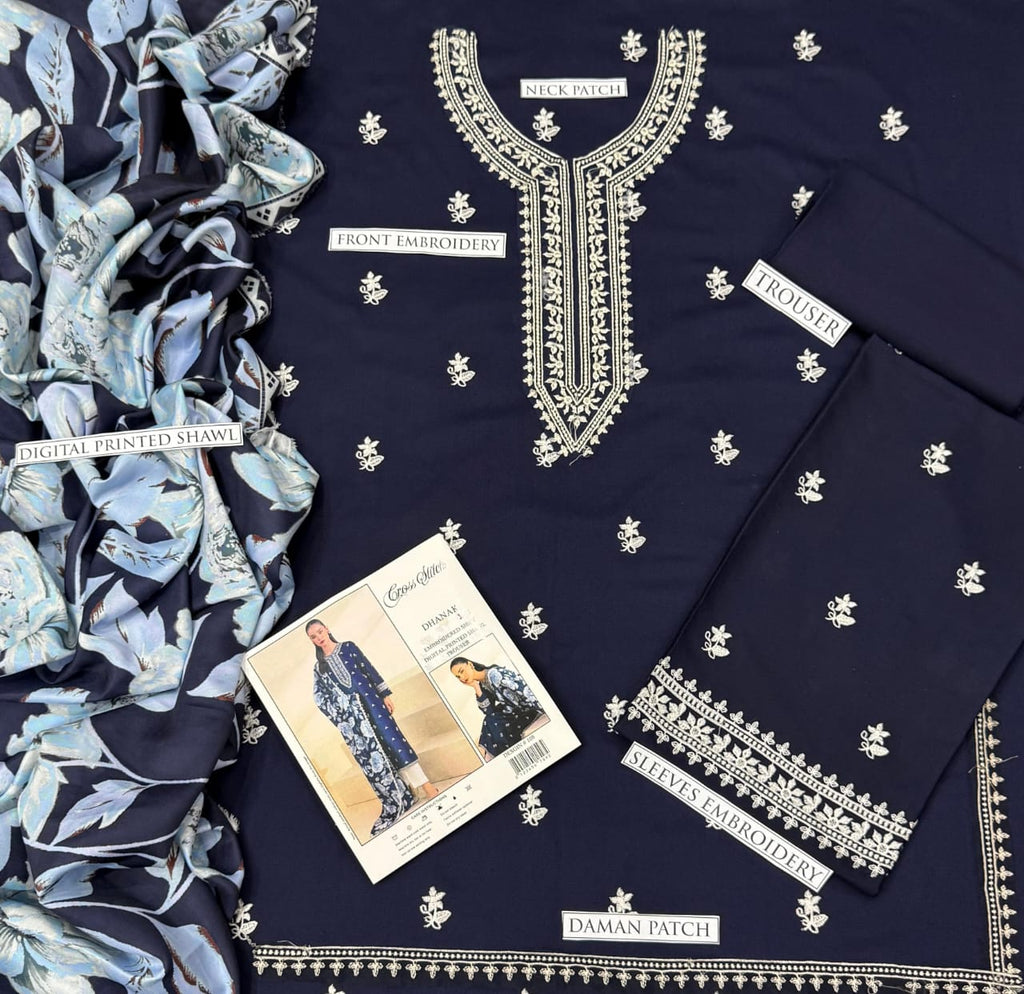 3 Pcs women’s unstitched Dhanak embroidered suit