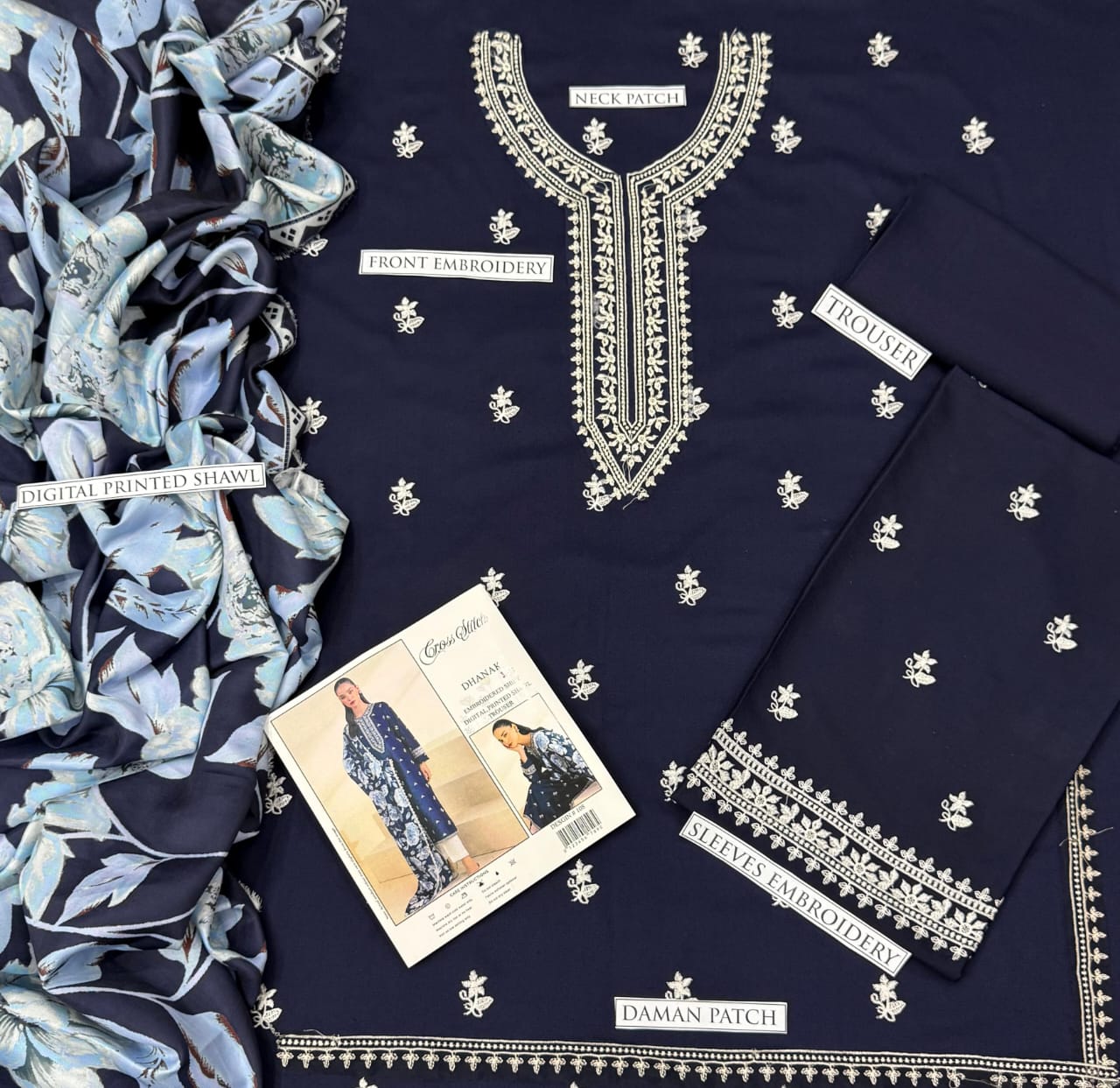 3 Pcs women’s unstitched Dhanak embroidered suit