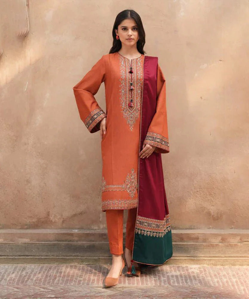 DHANAK 3PC EMBROIDERED SHIRT WITH DIGITAL PRINTED WOOL SHAWL