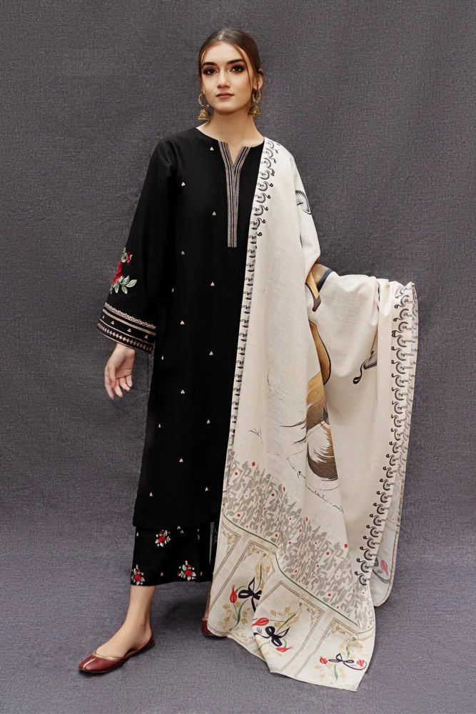 DHANAK 3PC EMBROIDERED SHIRT WITH DIGITAL PRINTED WOOL SHAWL